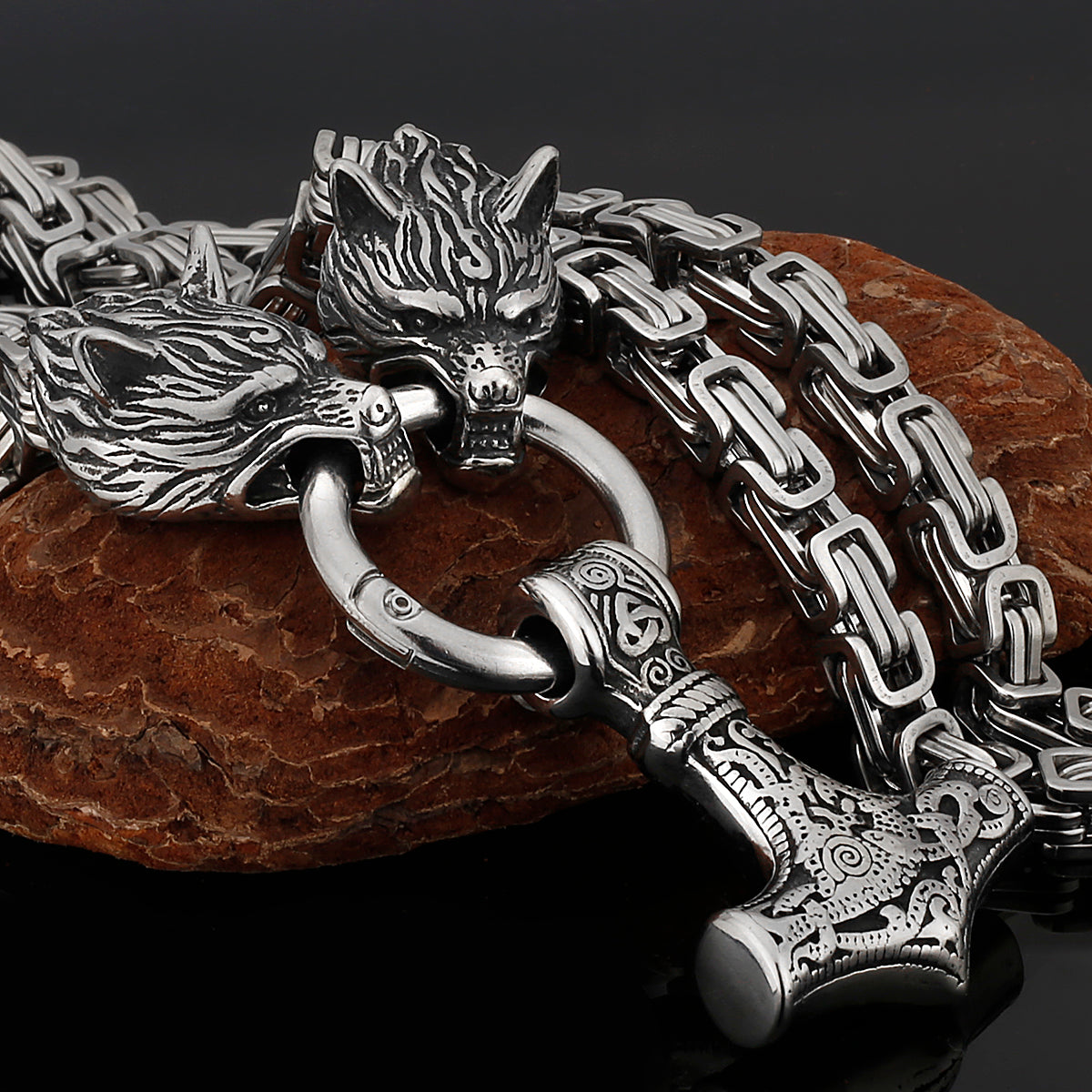 Viking Wolf Head Necklace with Thor's Hammer Pendant