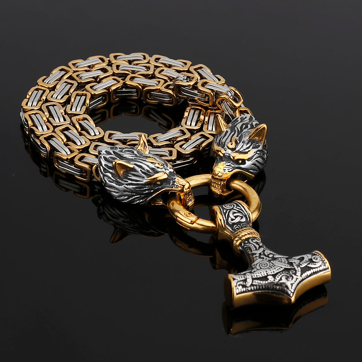 Viking Wolf Head Necklace with Thor's Hammer Pendant