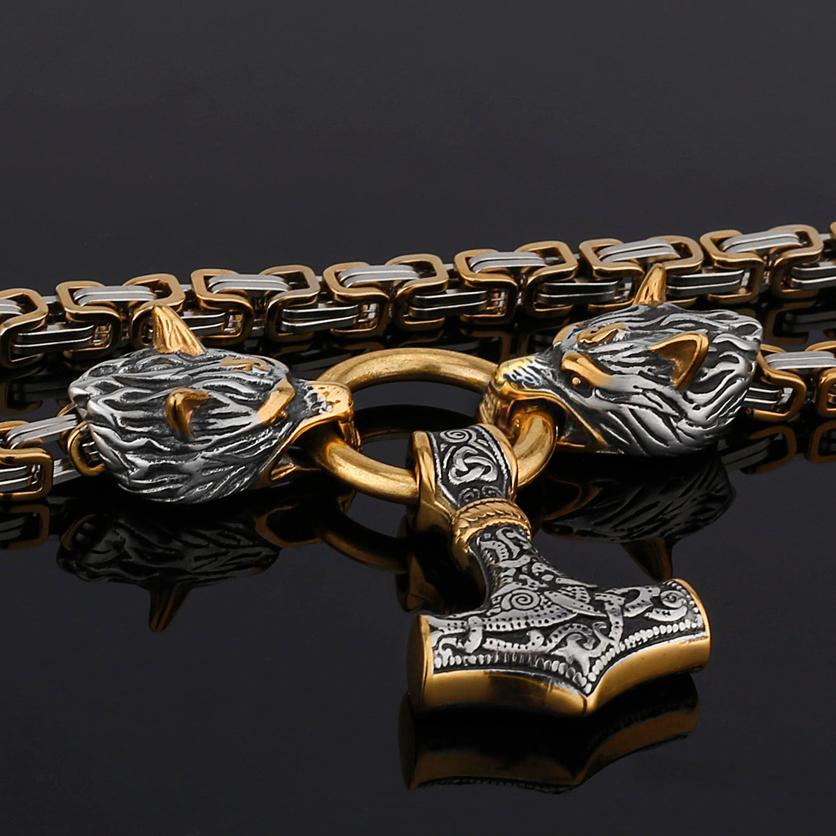 Viking Wolf Head Necklace with Thor's Hammer Pendant