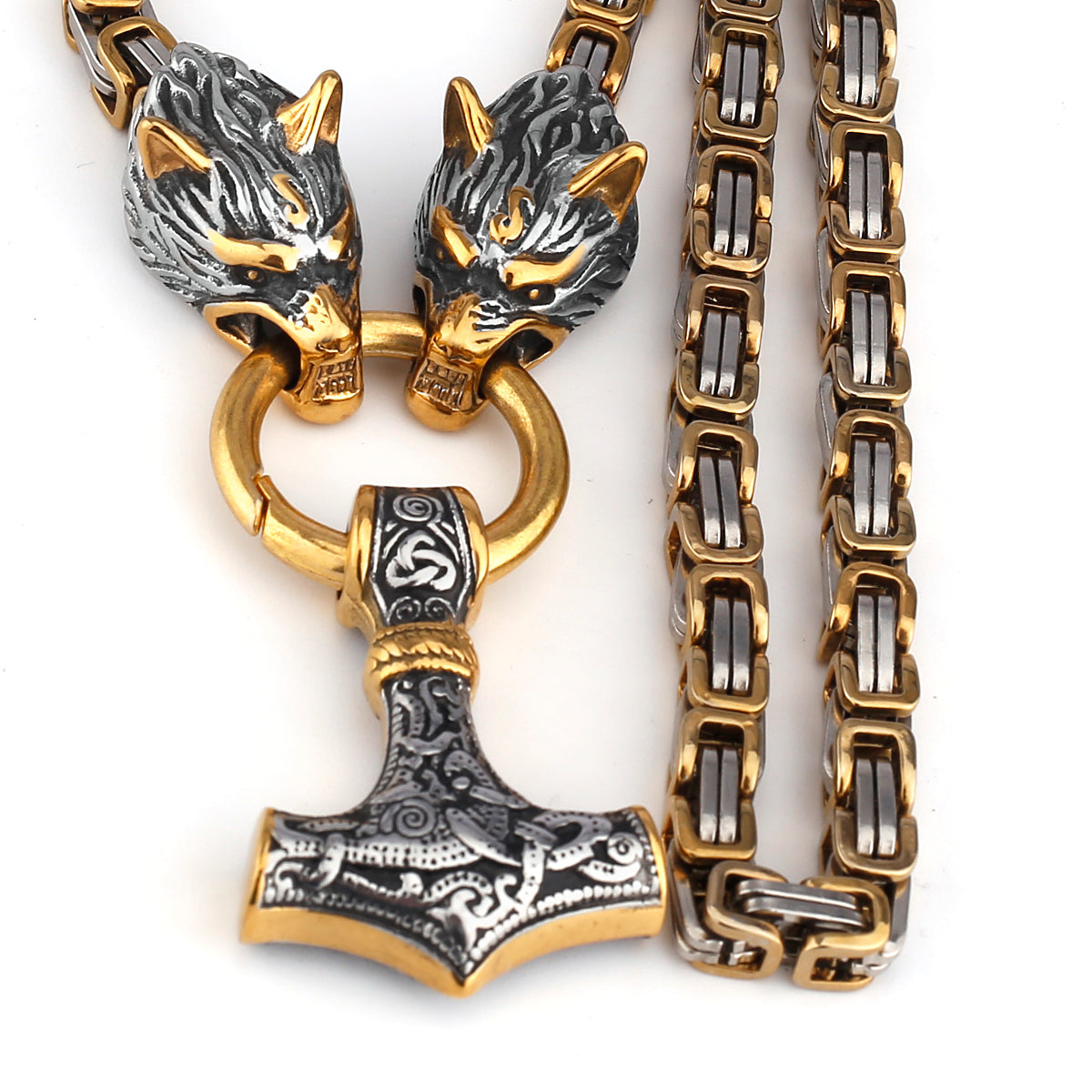 Viking Wolf Head Necklace with Thor's Hammer Pendant