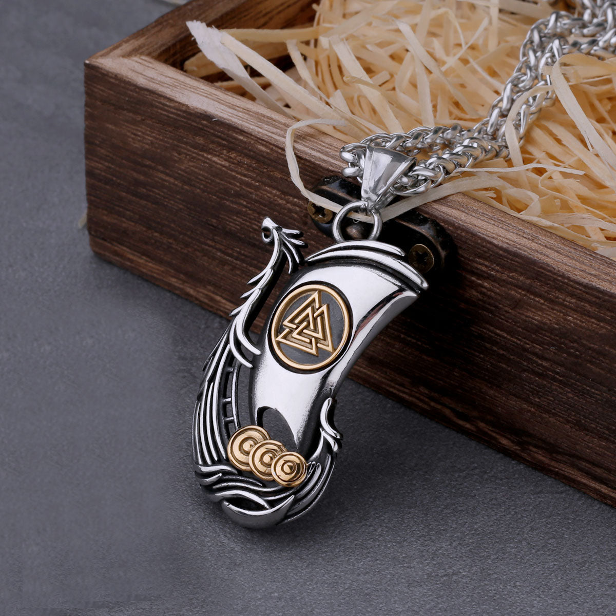 Viking Ship Necklace With Wooden Box