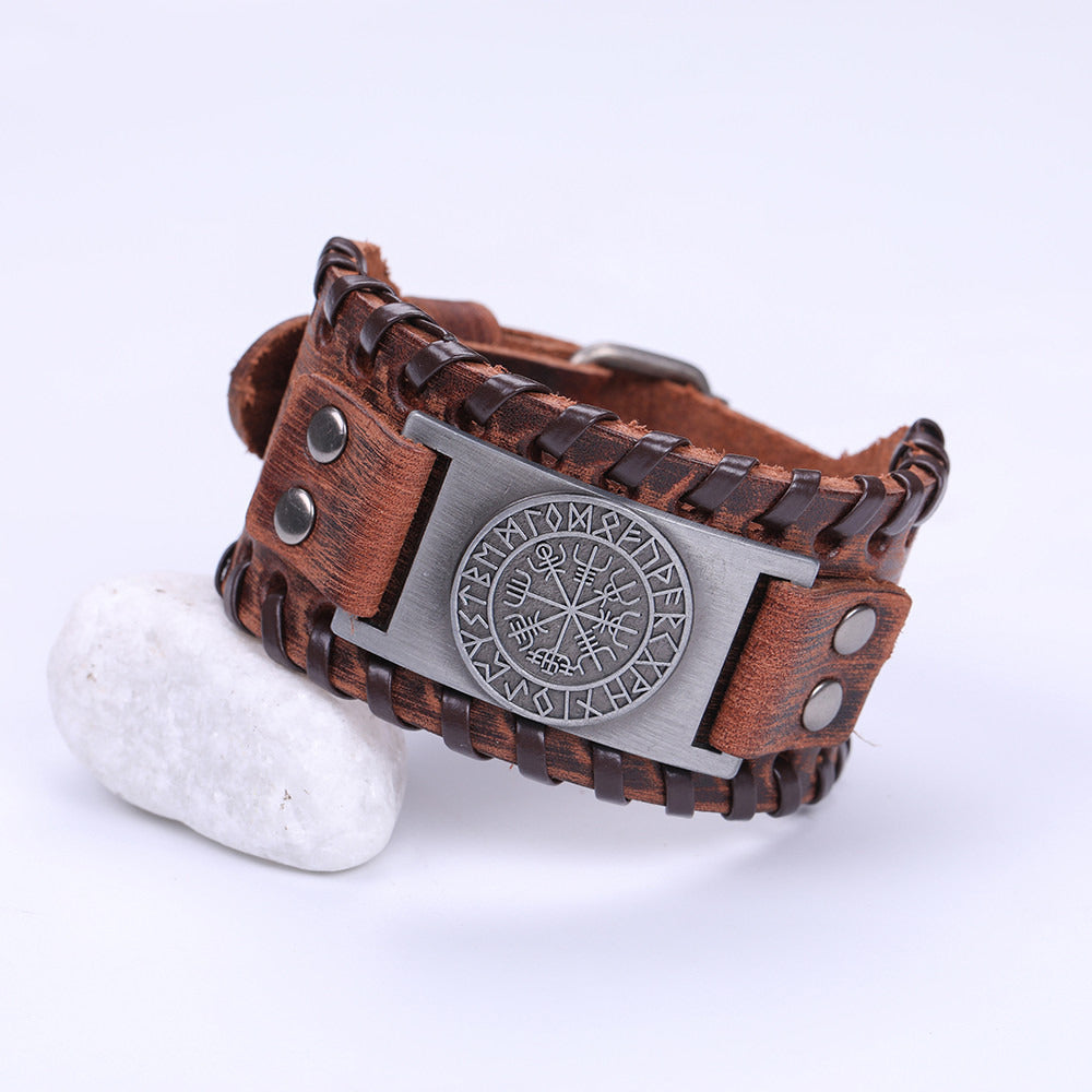 Handmade Viking Leather Vegvisir Arm Cuff Bracelet