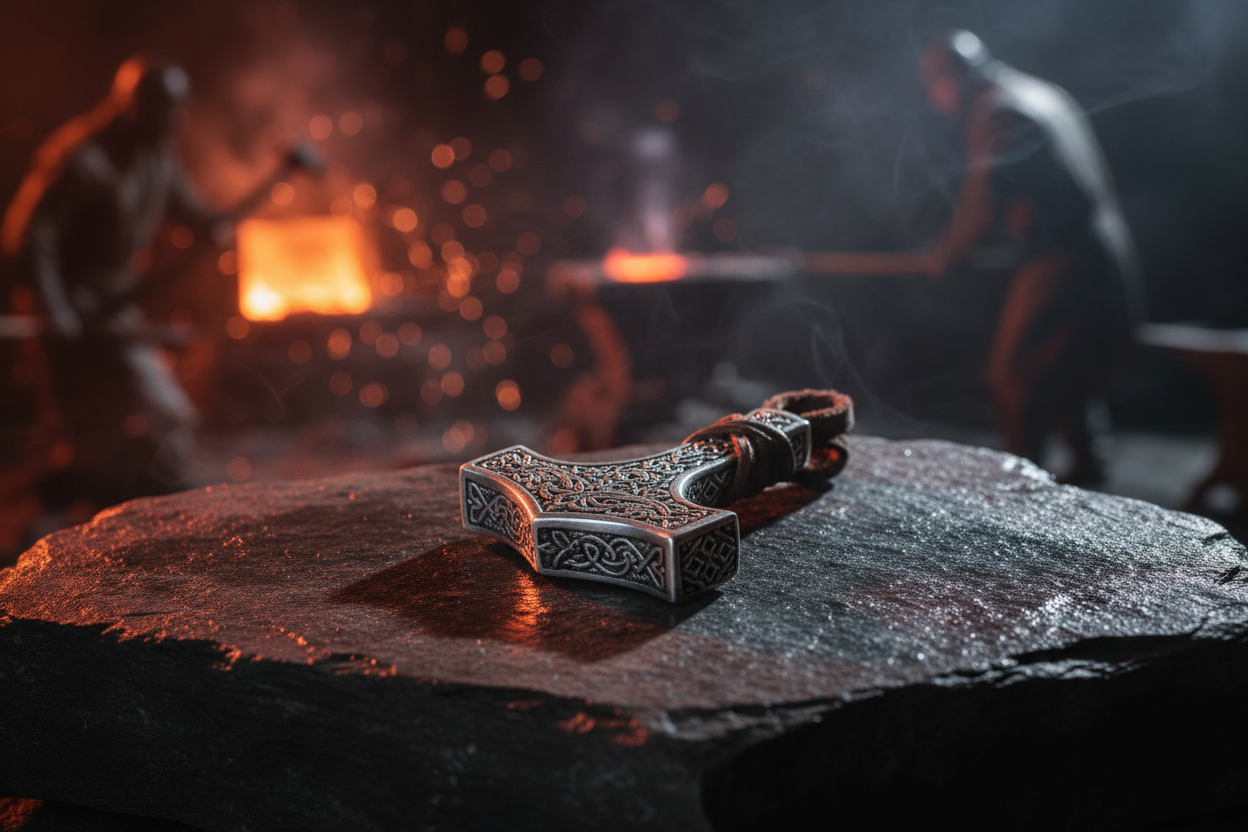 Mjolnir Thor's Hammer sterling silver pendant on dark stone