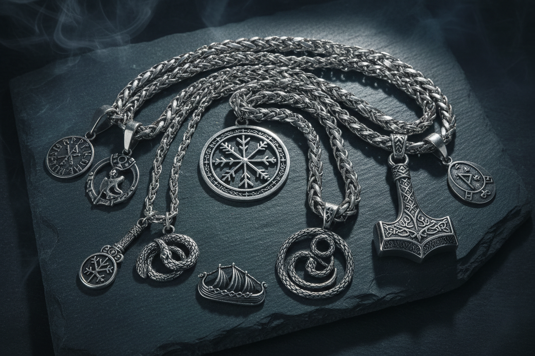 Viking silver necklaces and Norse pendants on dark stone