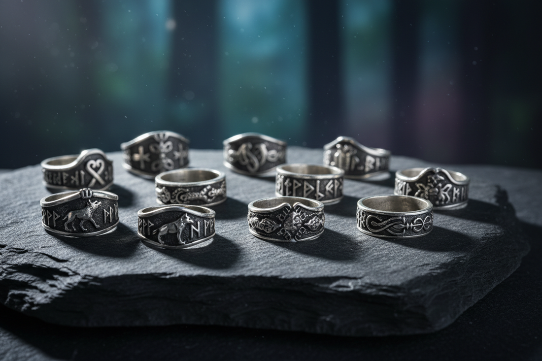 Collection of Viking sterling silver rings with Norse symbols