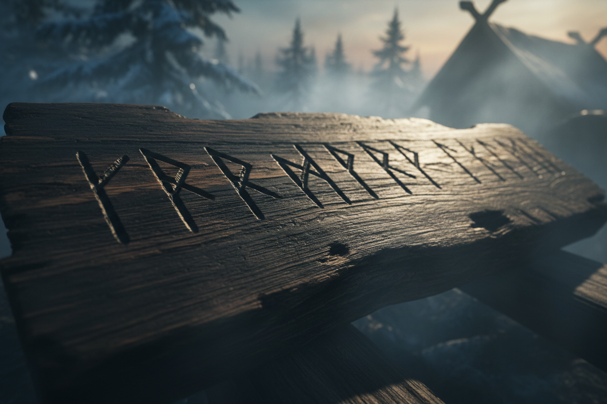 Elder Futhark Norse runes carved into aged wood
