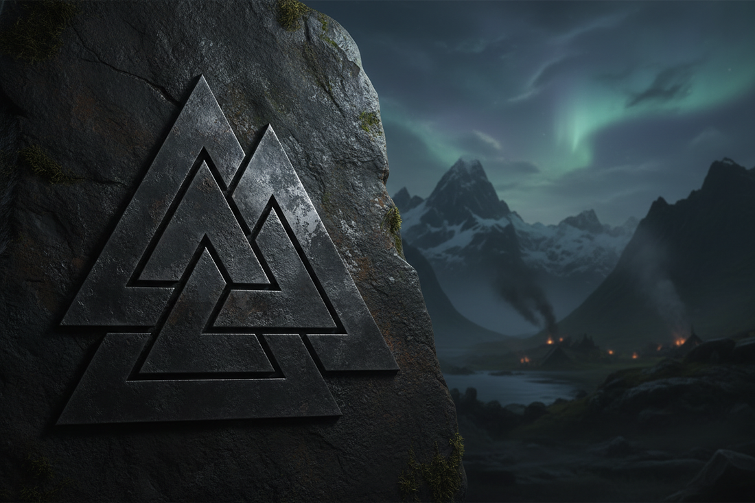 Valknut symbol — three interlocked triangles engraved in stone