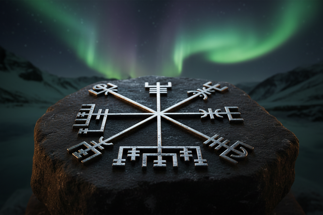 Vegvisir Norse compass symbol — eight runic staves engraved in silver