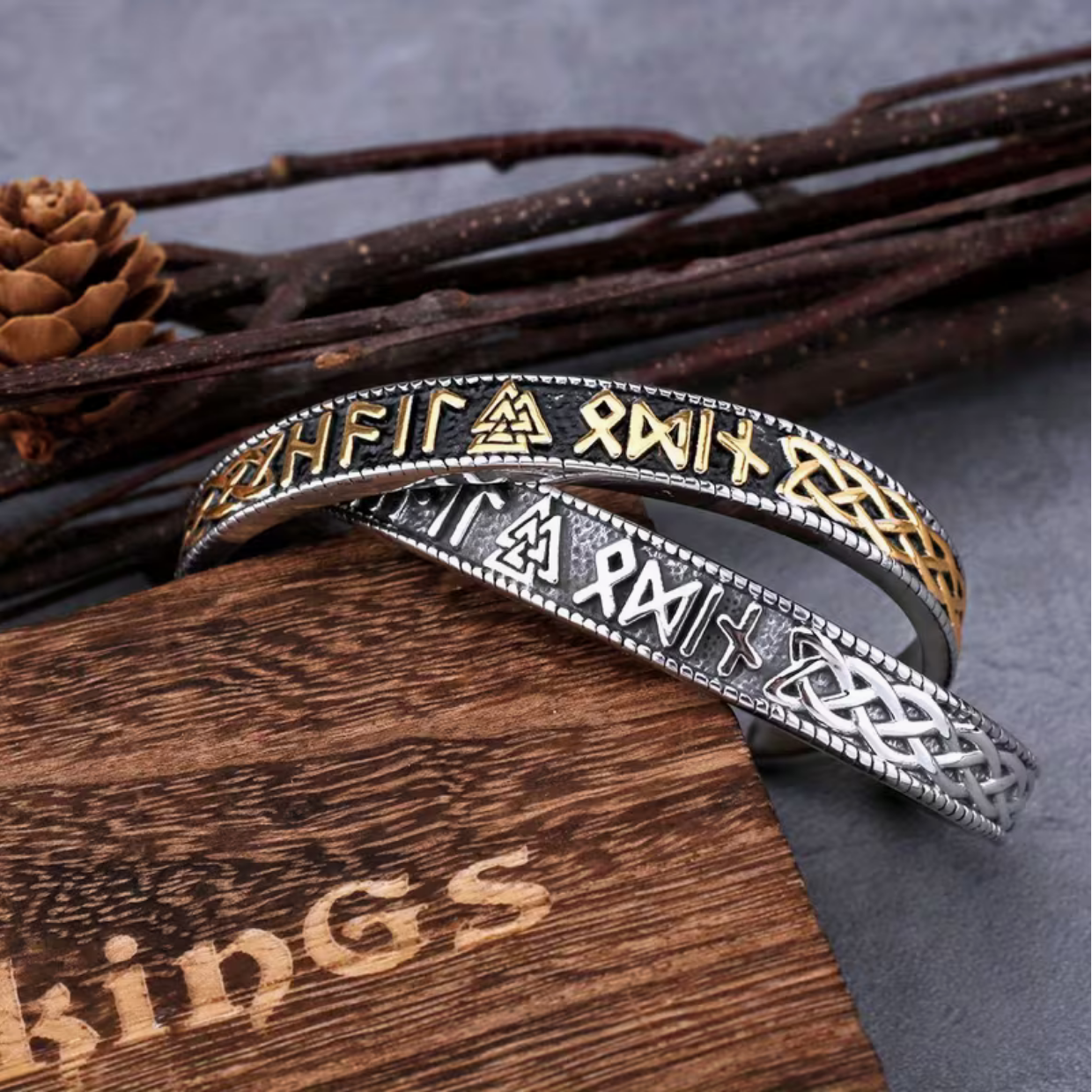 Valknut And Runes Bangle With Wooden Box