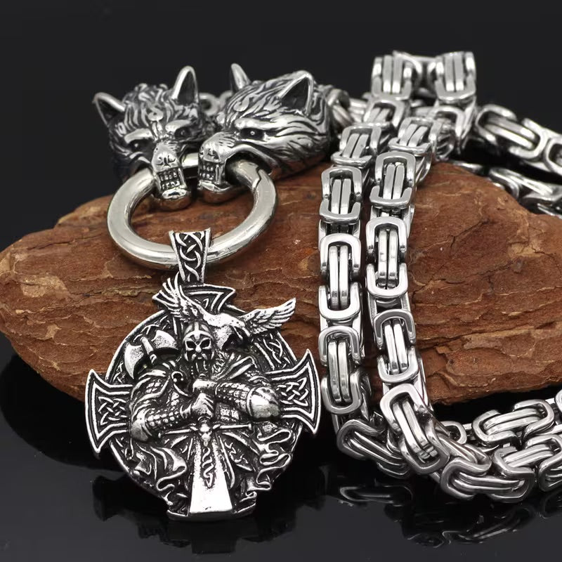 Viking Wolf Head Necklace With Odin Pendant