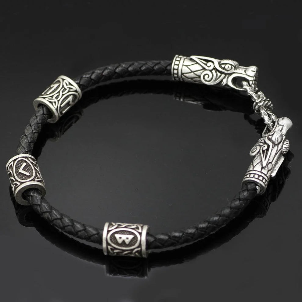 Wolf Head Viking Bracelet With Beads