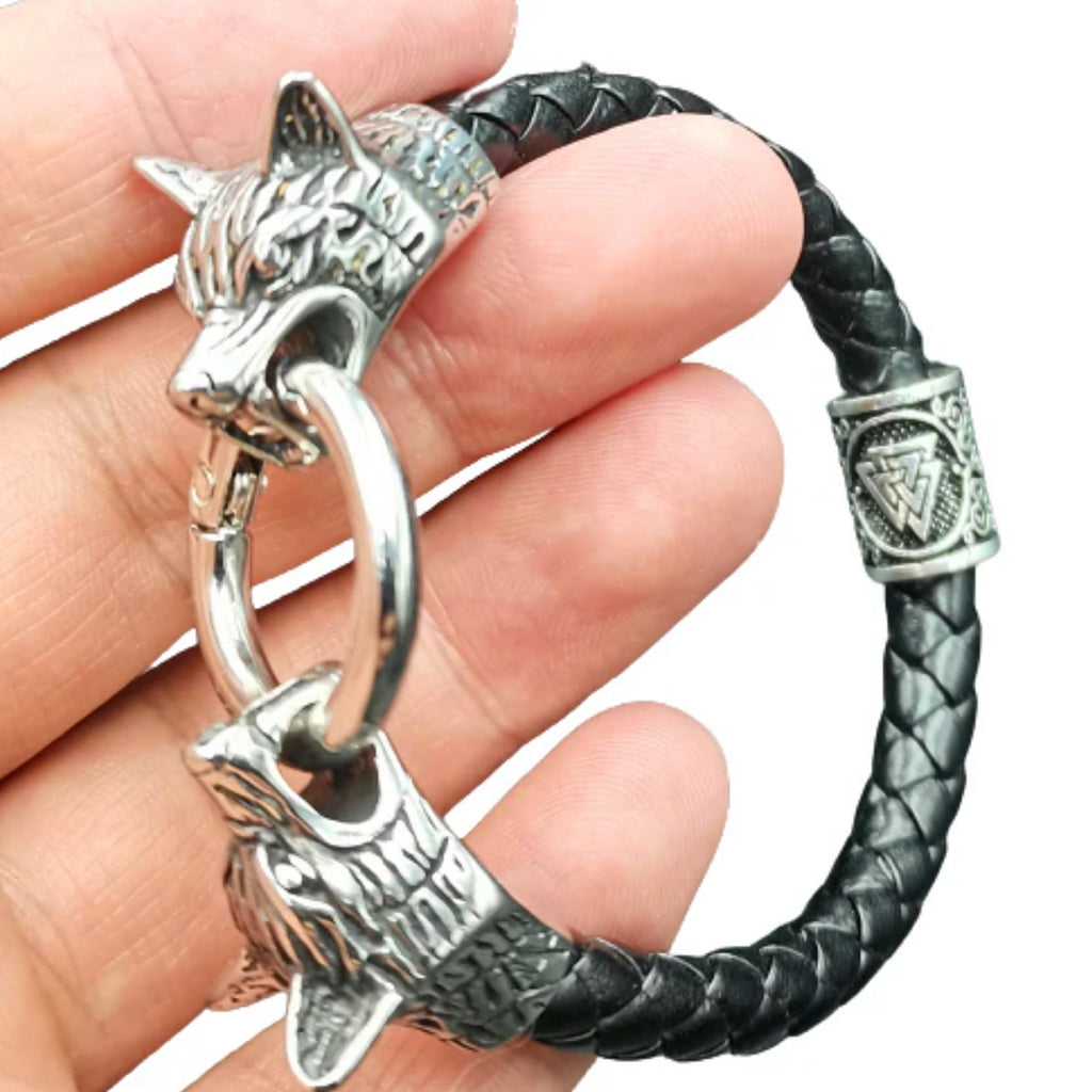 Viking Wolf Head Bracelet With Valknut Bead