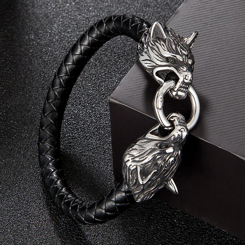 Viking Wolf Head Leather Bracelet