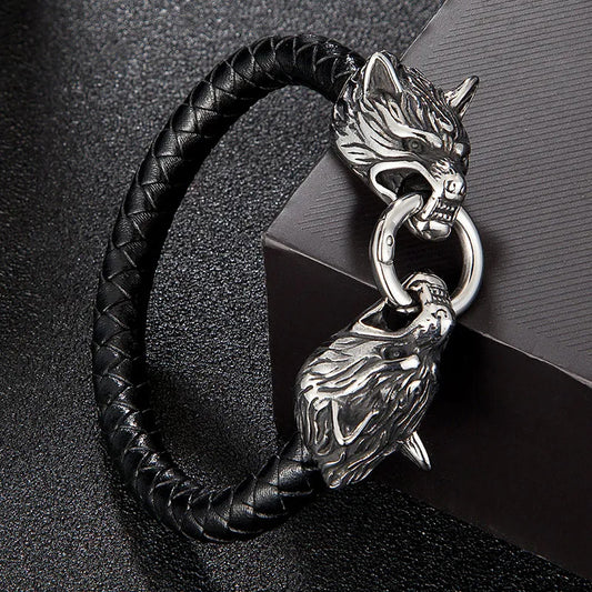 Viking Wolf Head Leather Bracelet