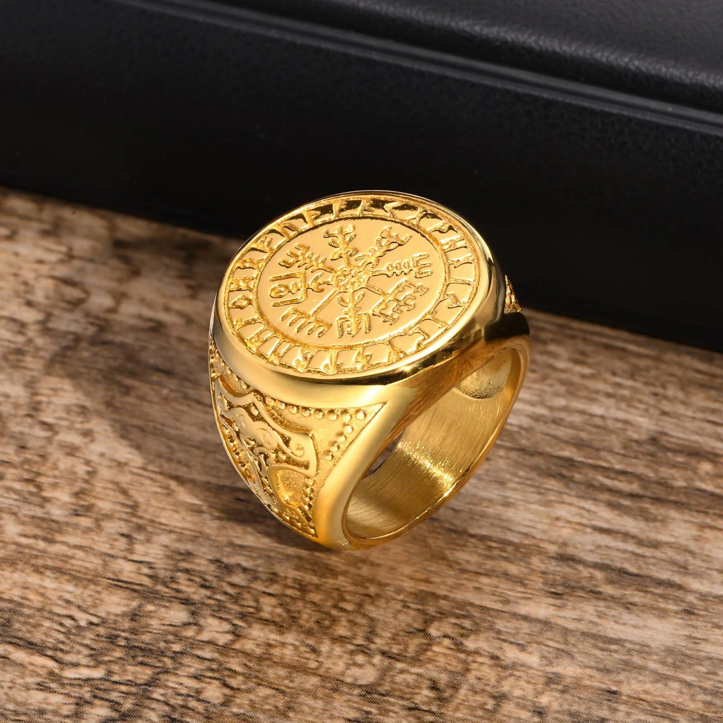 Viking Vegvisir Golden Ring With Mjölnir