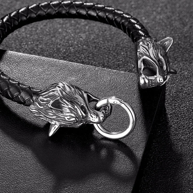 Viking Wolf Head Leather Bracelet