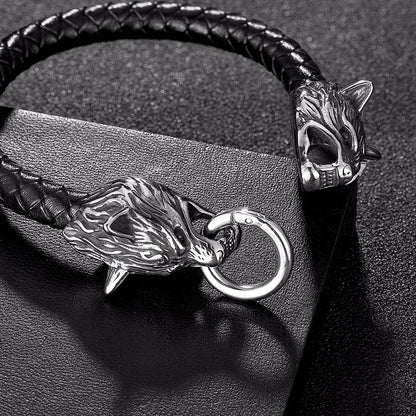 Viking Wolf Head Leather Bracelet