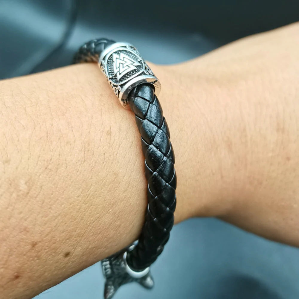 Viking Wolf Head Bracelet With Valknut Bead
