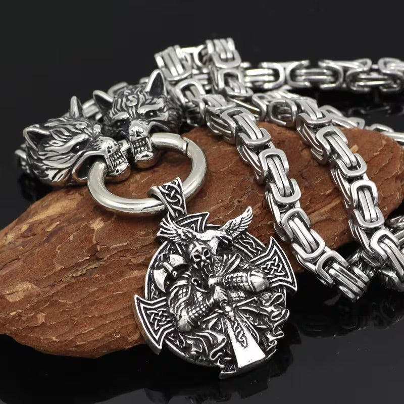 Viking Wolf Head Necklace With Odin Pendant