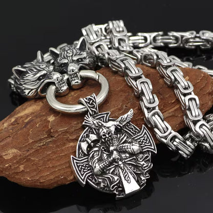 Viking Wolf Head Necklace With Odin Pendant