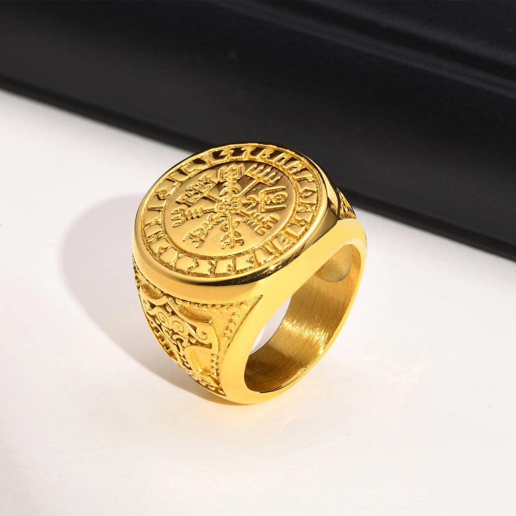 Viking Vegvisir Golden Ring With Mjölnir