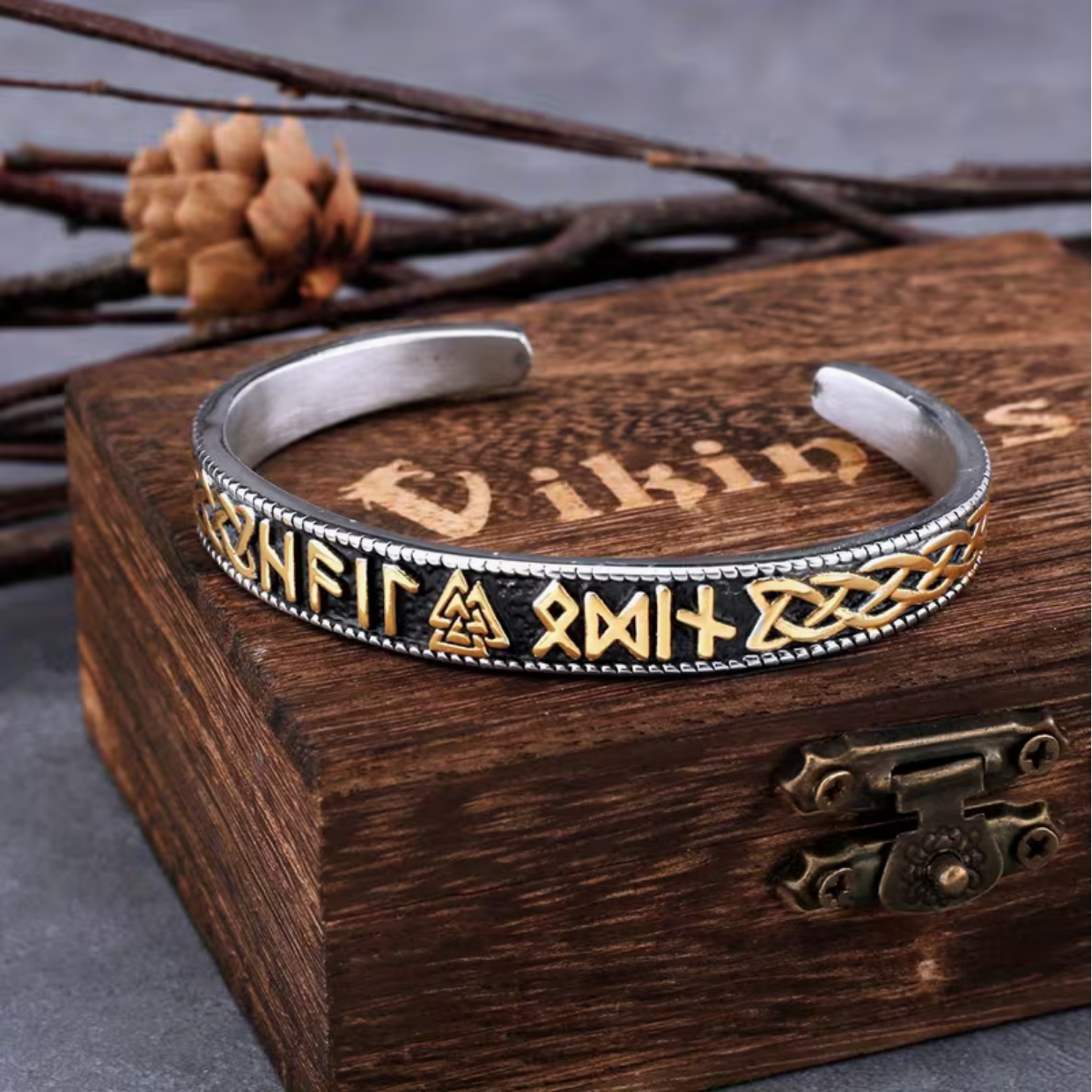 Valknut And Runes Bangle With Wooden Box