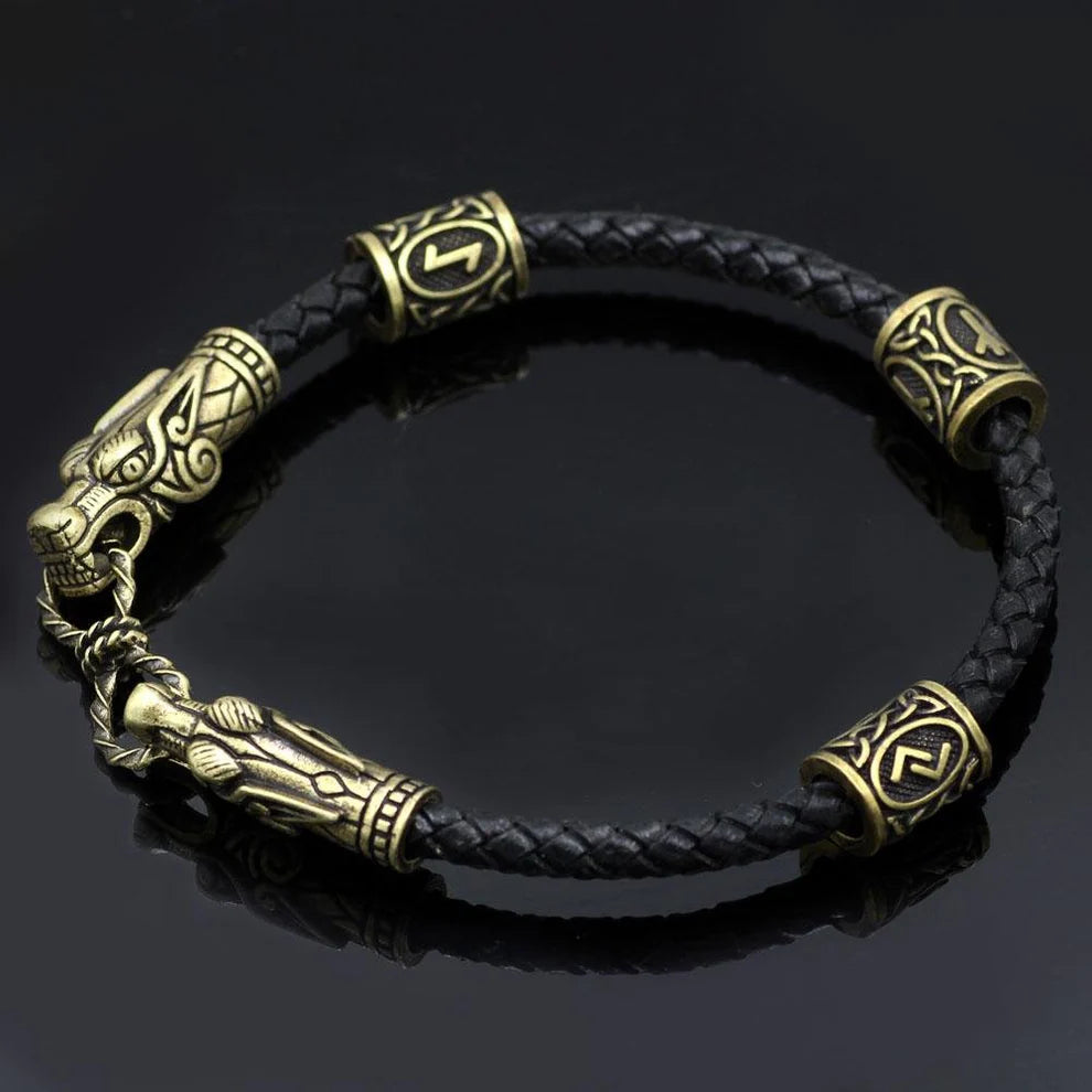 Wolf Head Viking Bracelet With Beads
