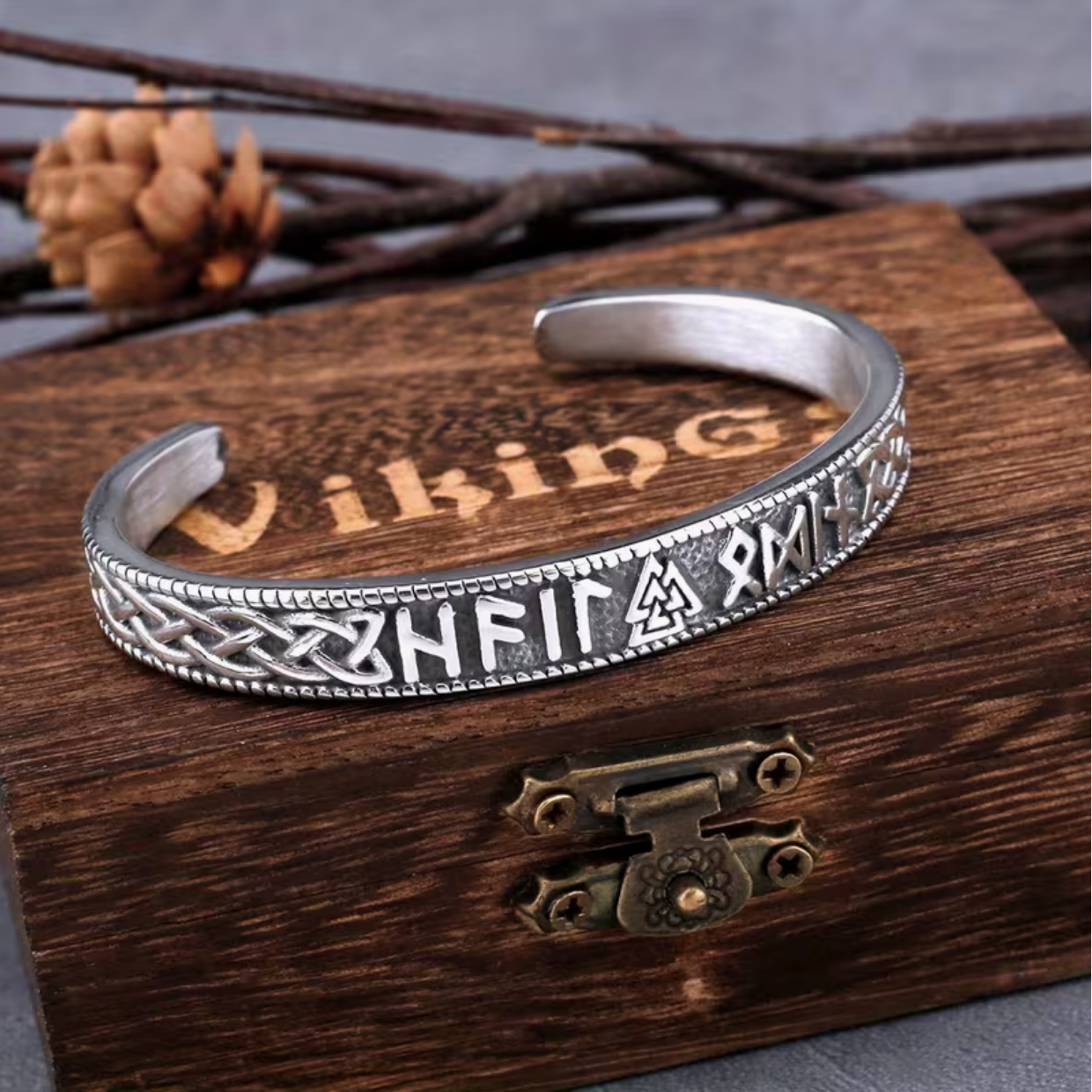Valknut And Runes Bangle With Wooden Box
