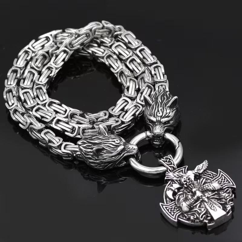 Viking Wolf Head Necklace With Odin Pendant