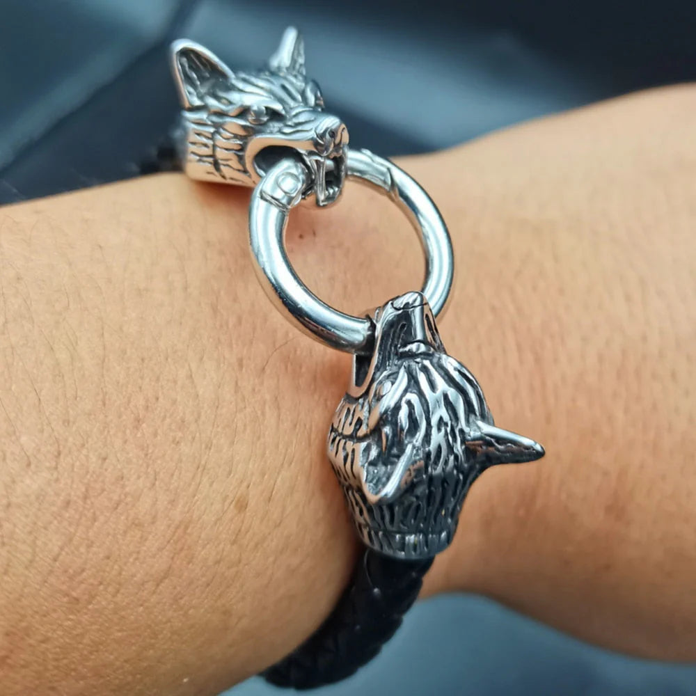 Viking Wolf Head Bracelet With Valknut Bead