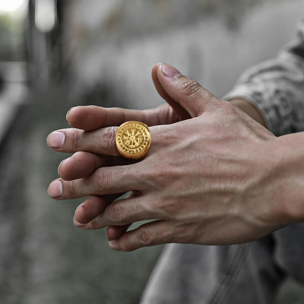 Viking Vegvisir Golden Ring With Mjölnir