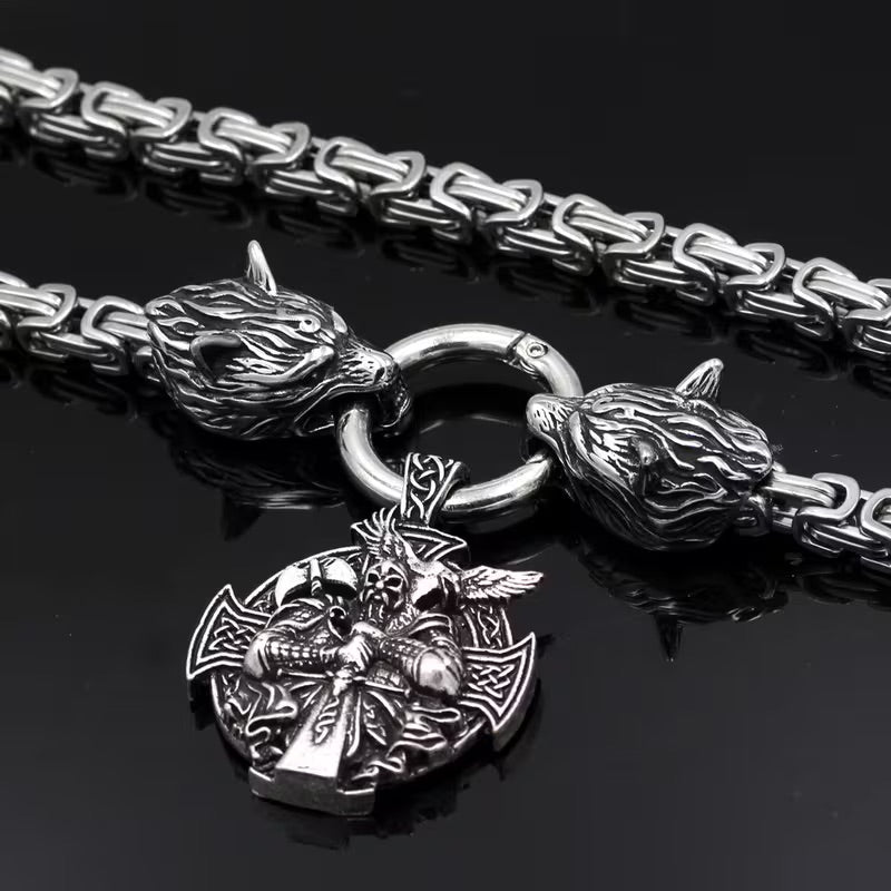 Viking Wolf Head Necklace With Odin Pendant
