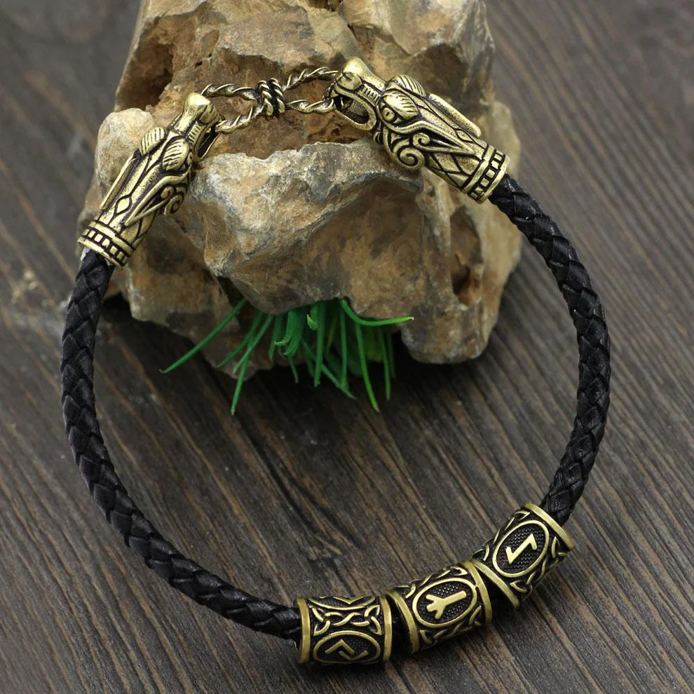 Wolf Head Viking Bracelet With Beads