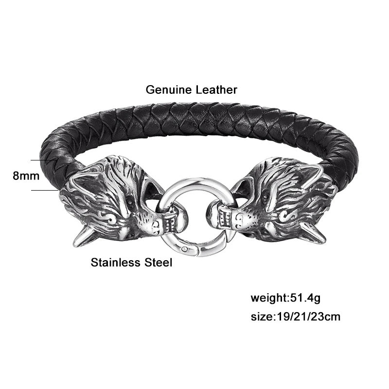 Viking Wolf Head Leather Bracelet