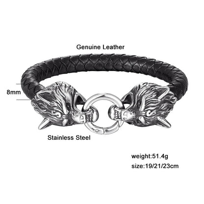 Viking Wolf Head Leather Bracelet