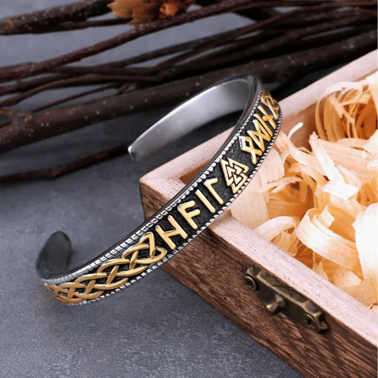 Valknut And Runes Bangle With Wooden Box