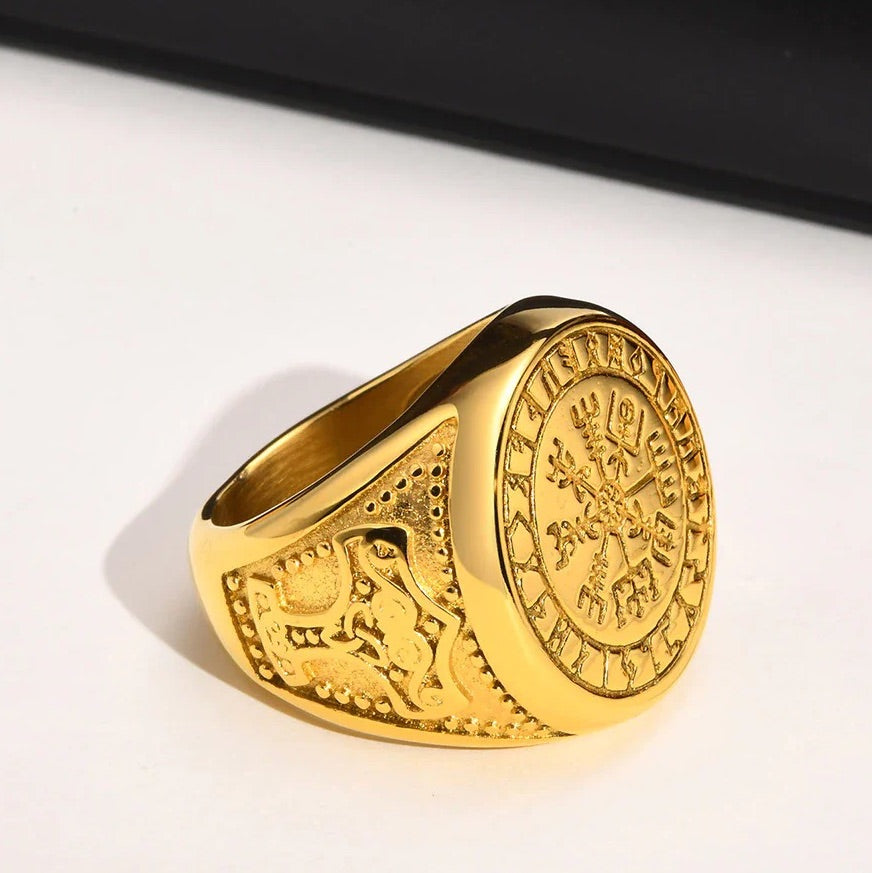 Viking Vegvisir Golden Ring With Mjölnir
