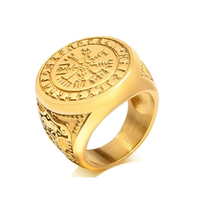 Viking Vegvisir Golden Ring With Mjölnir