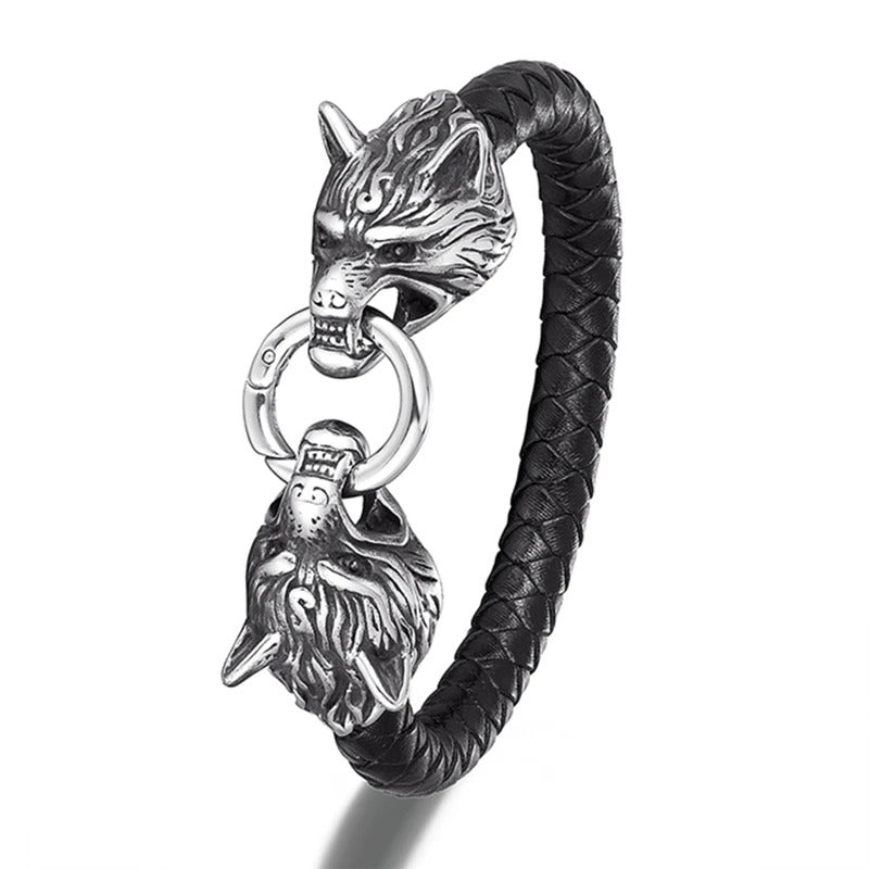 Viking Wolf Head Leather Bracelet