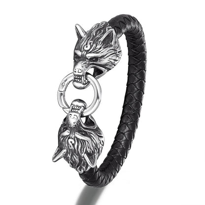 Viking Wolf Head Leather Bracelet