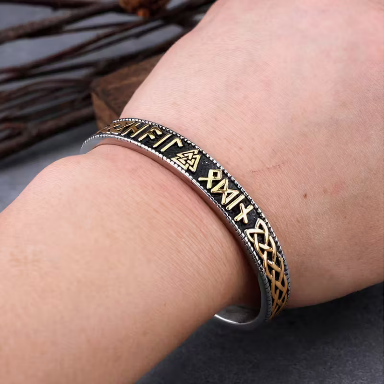 Valknut And Runes Bangle With Wooden Box