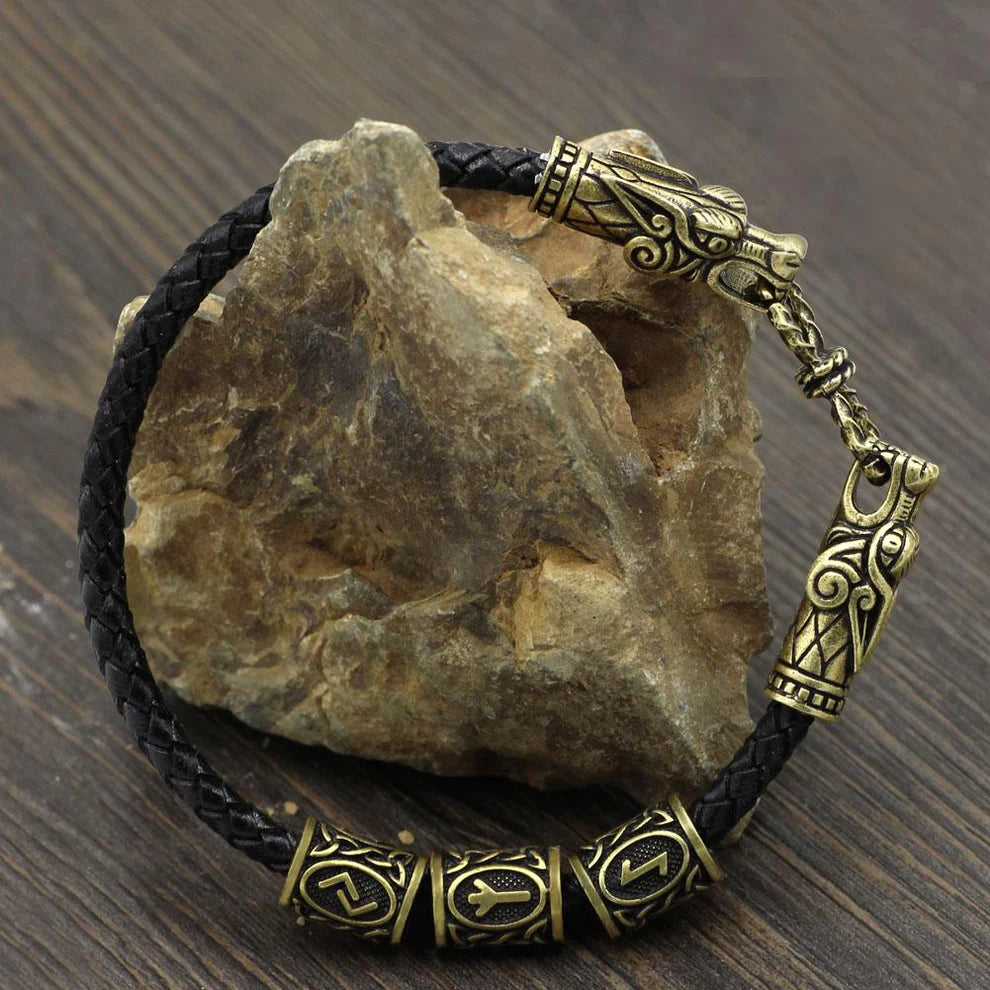 Wolf Head Viking Bracelet With Beads