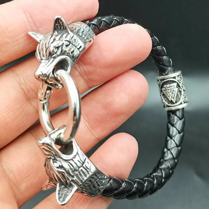 Viking Wolf Head Bracelet With Valknut Bead