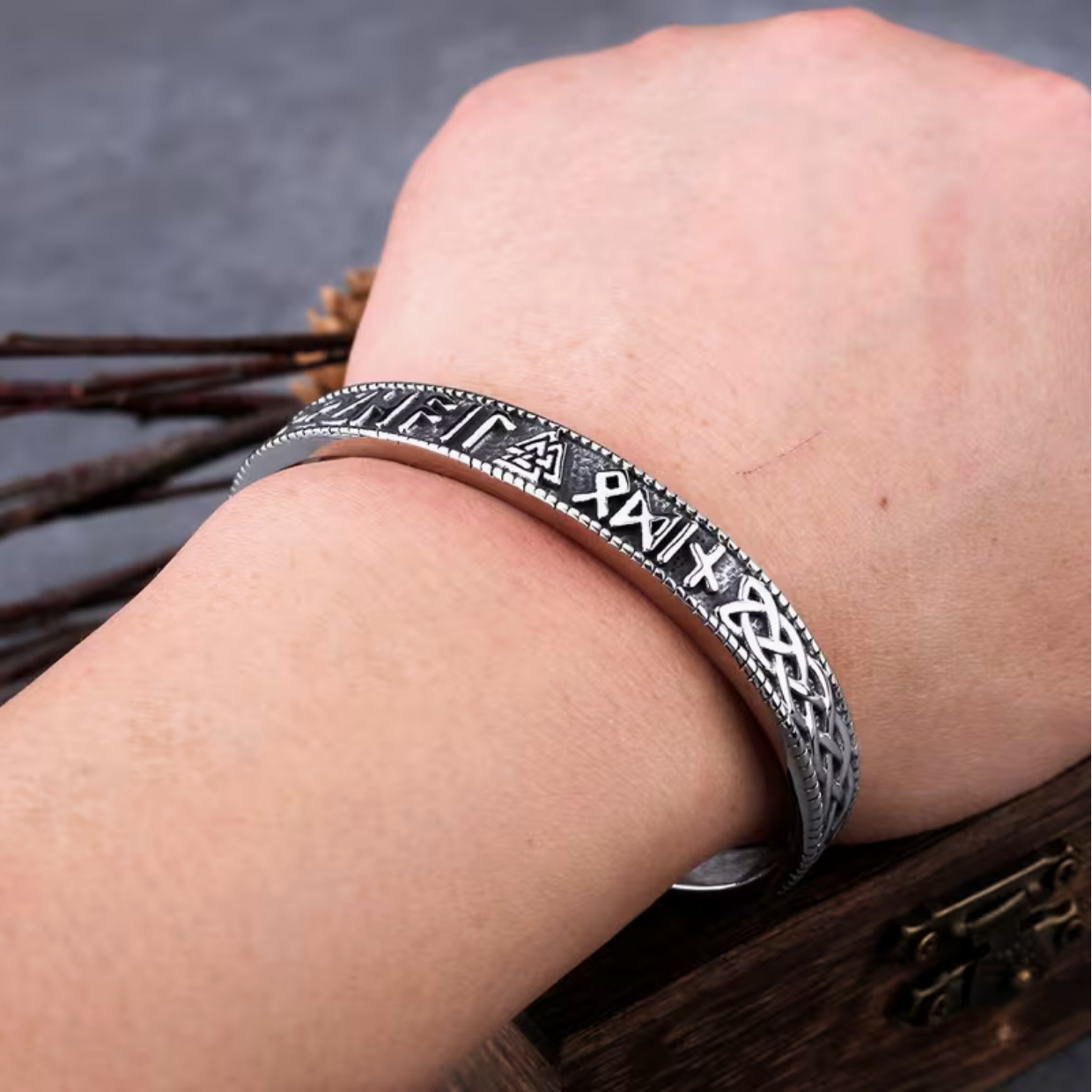 Valknut And Runes Bangle With Wooden Box