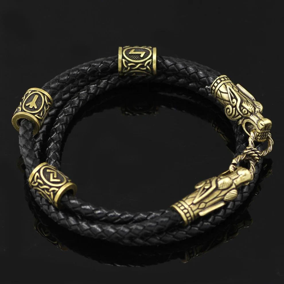 Wolf Head Viking Bracelet With Beads
