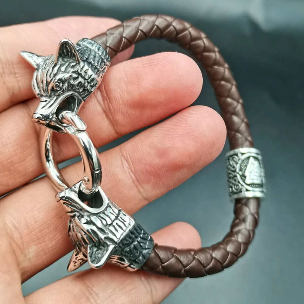 Viking Wolf Head Bracelet With Valknut Bead