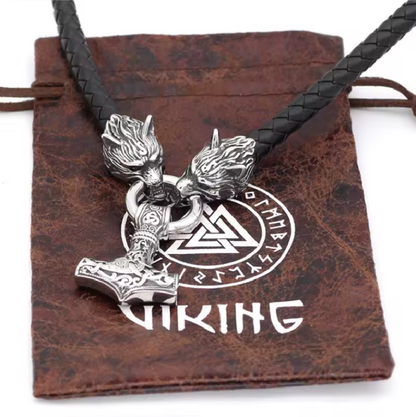 Viking Wolf Head With Mjölnir Chain