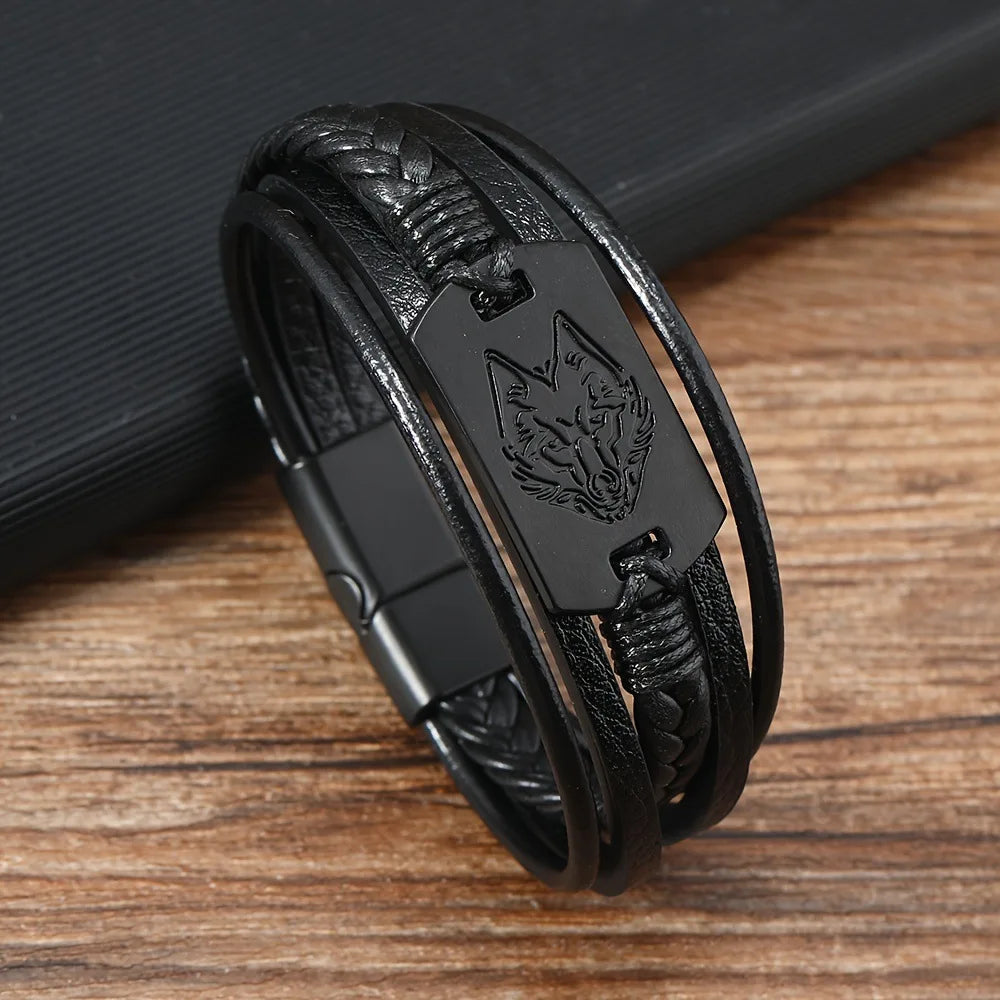 Viking Wolf Head Leather Bracelet