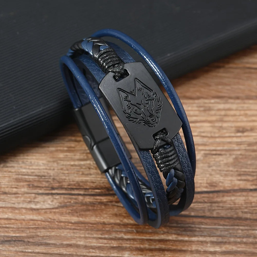 Viking Wolf Head Leather Bracelet