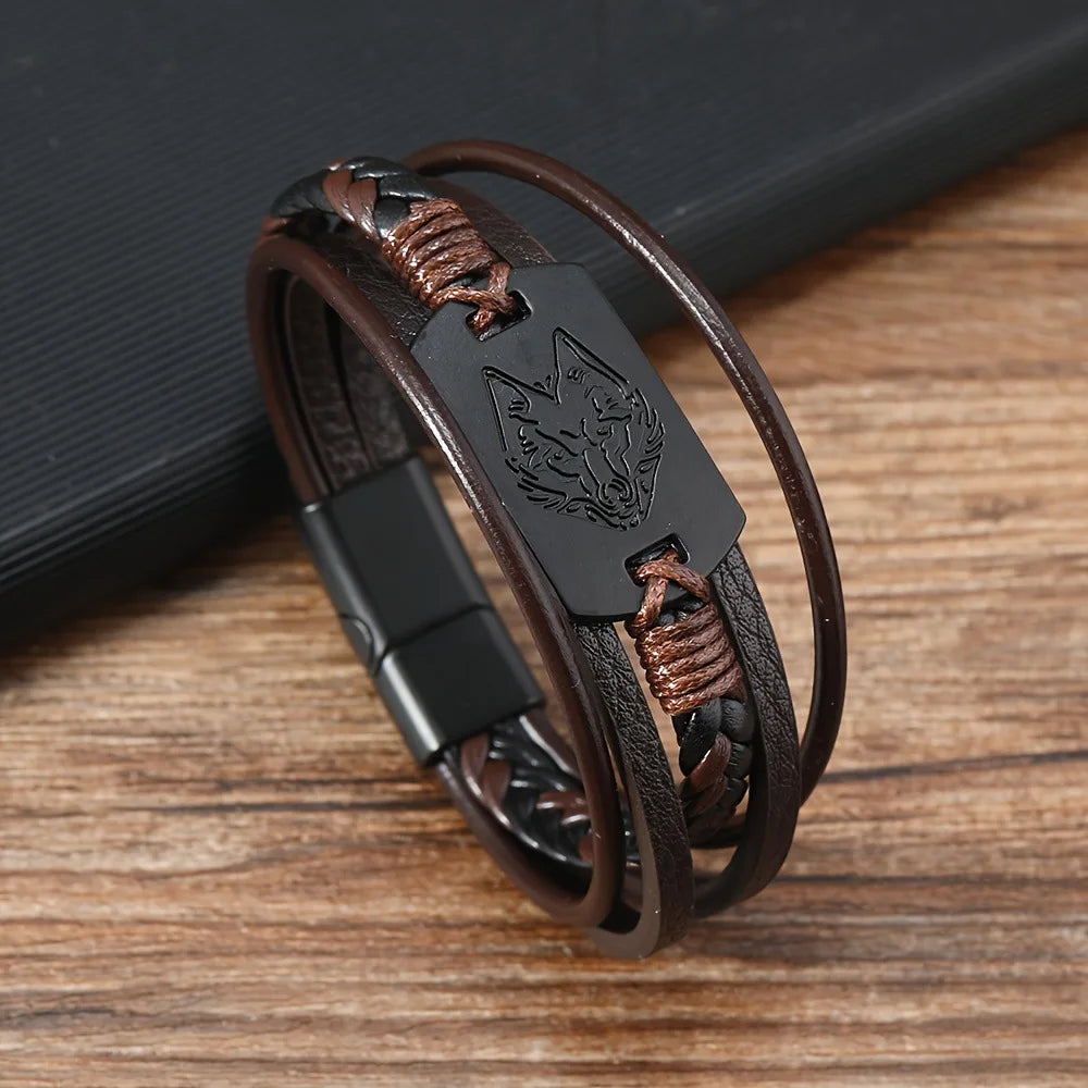 Viking Wolf Head Leather Bracelet